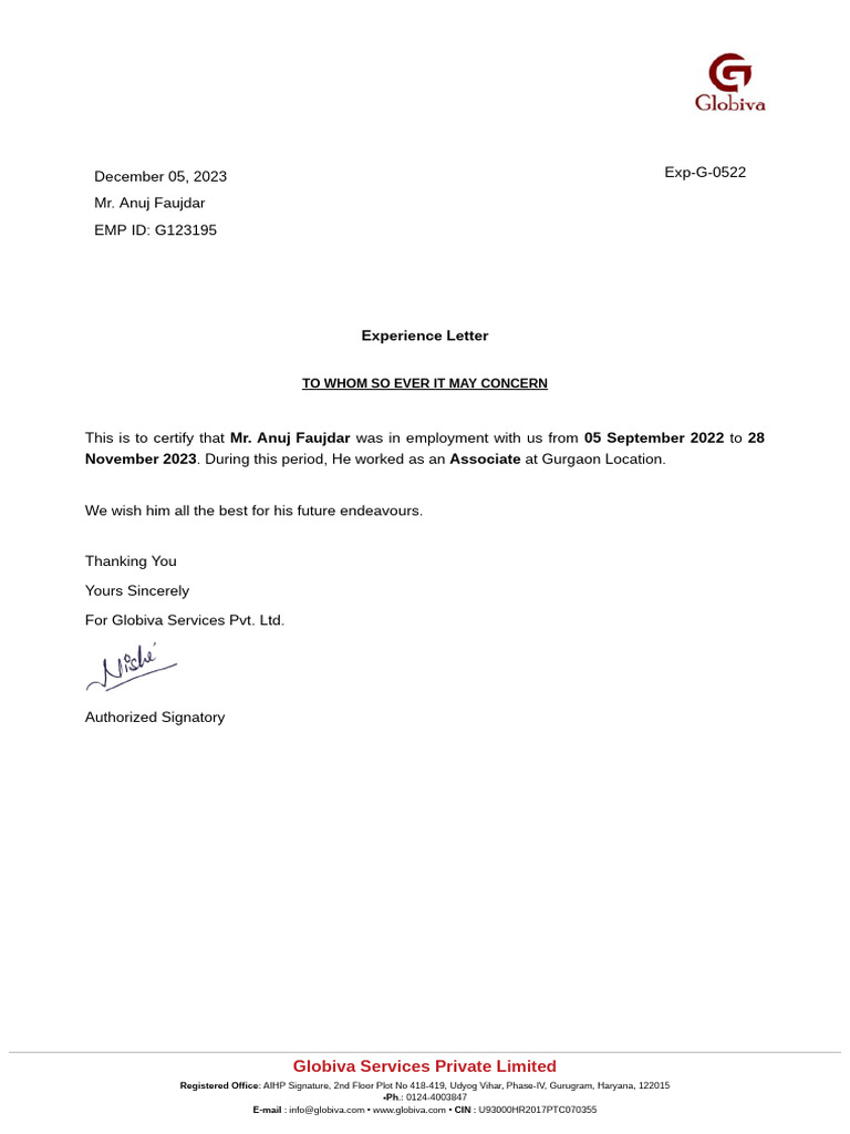 Experience Letter for Anuj Faujdar | PDF