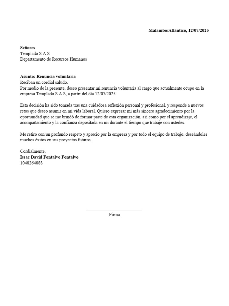 Renuncia Voluntaria de Issac Fontalvo | PDF
