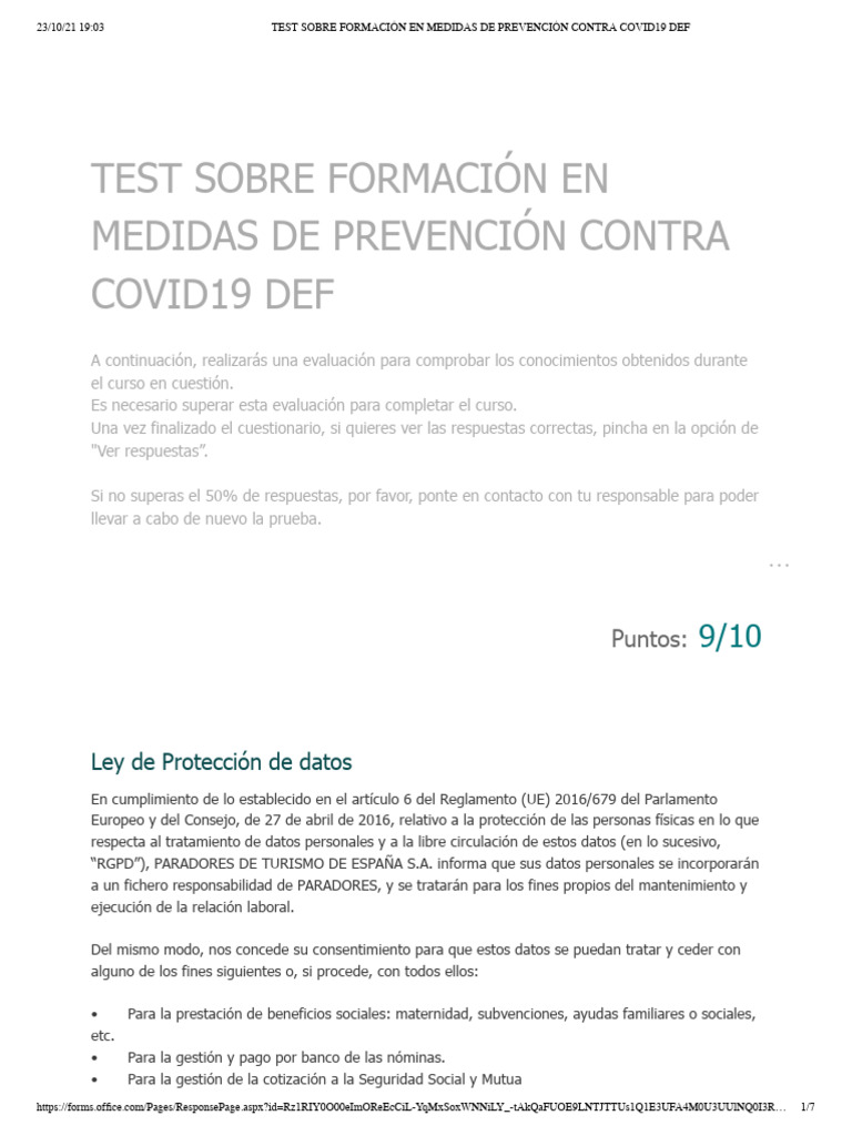 Test Sobre Formación en Medidas de Prevención Contra Covid19 Def | PDF