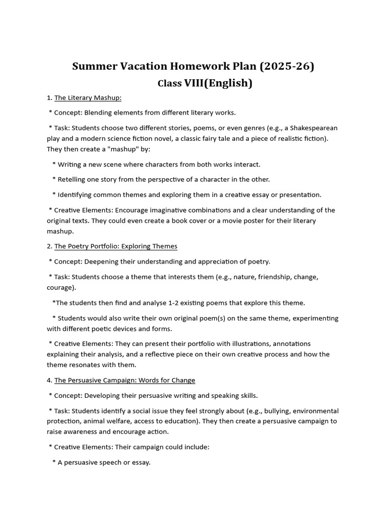 Class VIII Summer Homework Plan 2025 | PDF