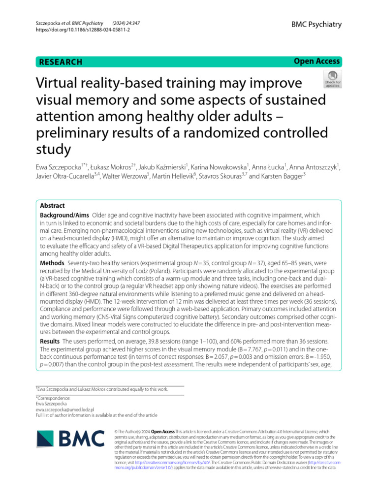 VR Training Enhances Memory in Seniors | PDF | Virtual Reality ...
