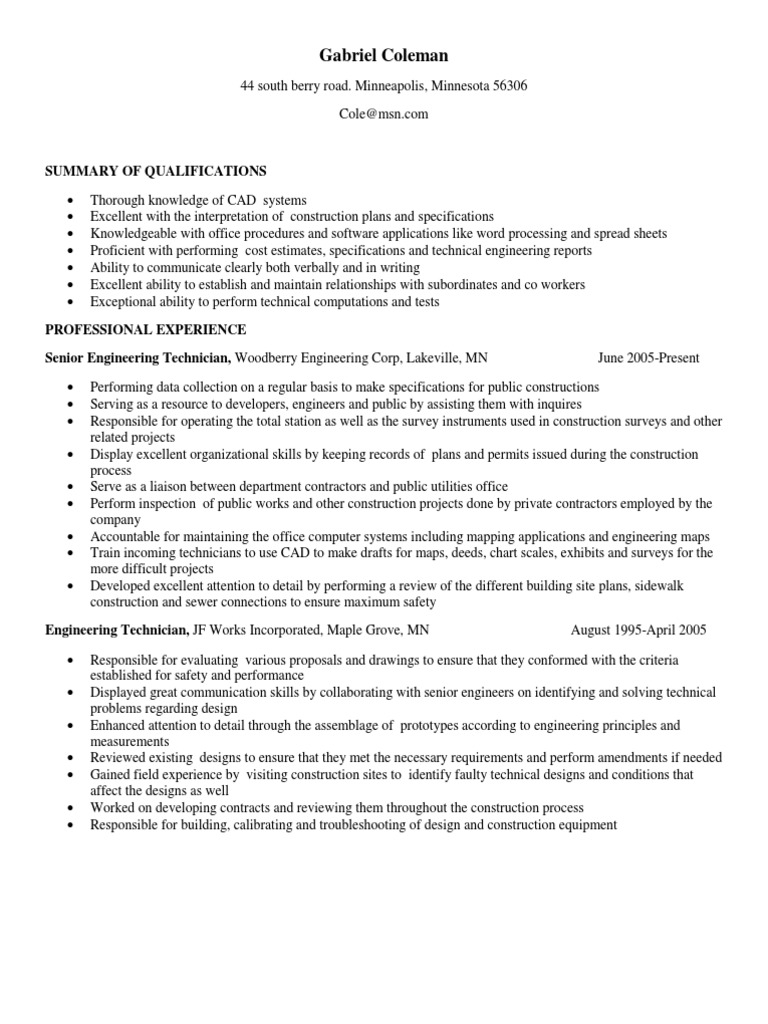 Senior Engineering Technician Resume | PDF | Engineer | Engineering