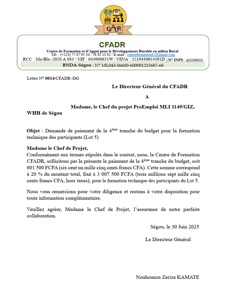 Demande de paiement 4ème tranche CFADR | PDF