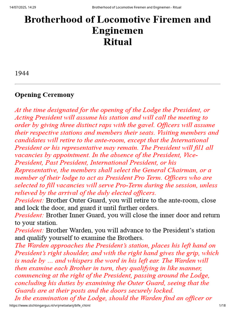 Brotherhood of Locomotive Firemen and Enginemen - Ritual | PDF | Hand