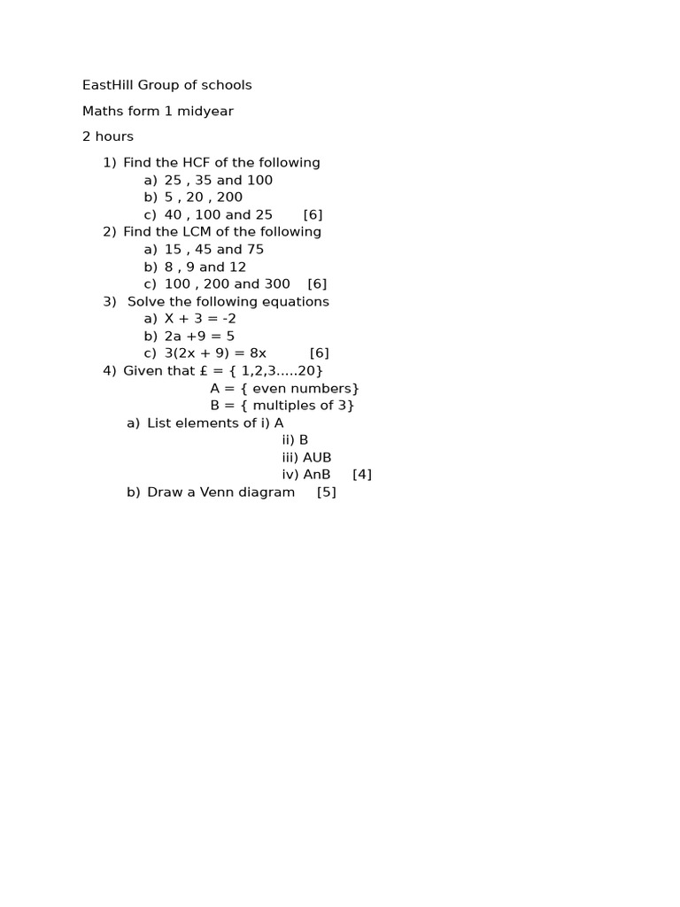 HCF and LCM Problems for Maths Form 1 | PDF