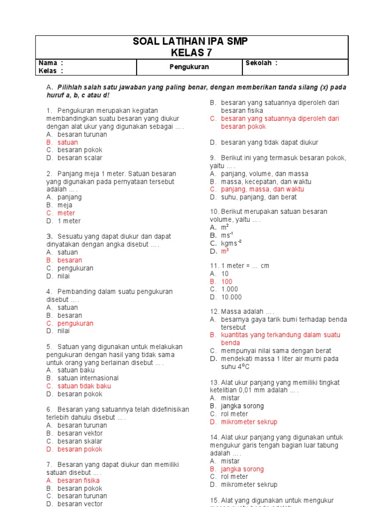 Soal Latihan Ipa 7 Smp Pengukuran