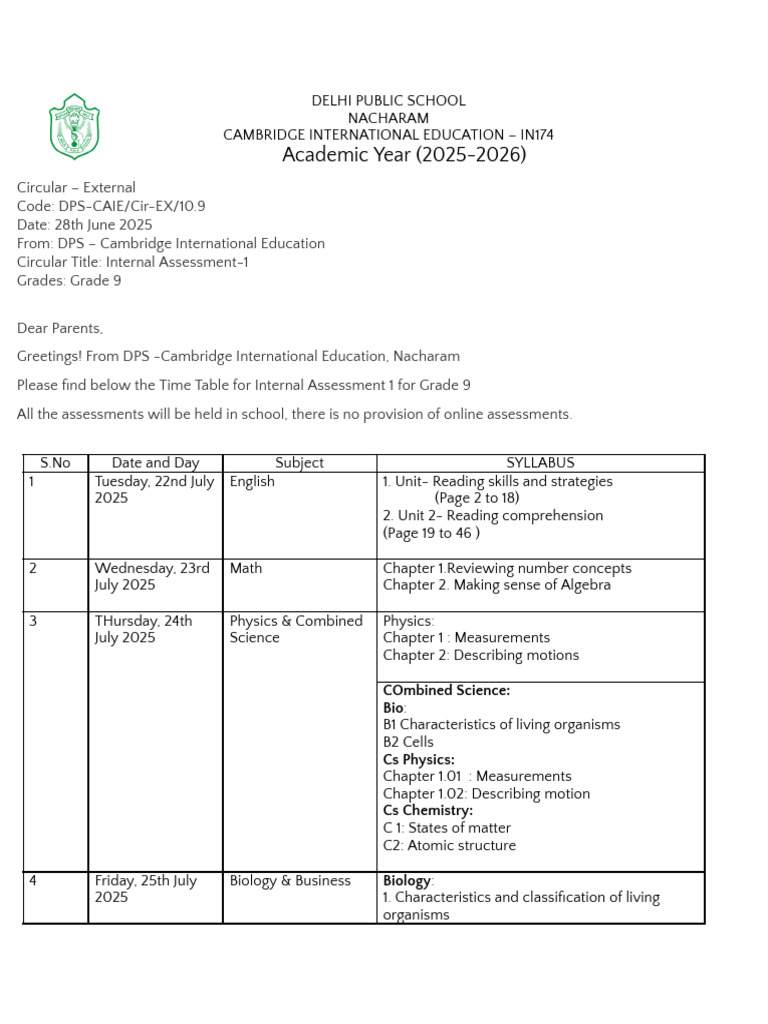 Grade 9 Internal Assessment Timetable | PDF | Computing