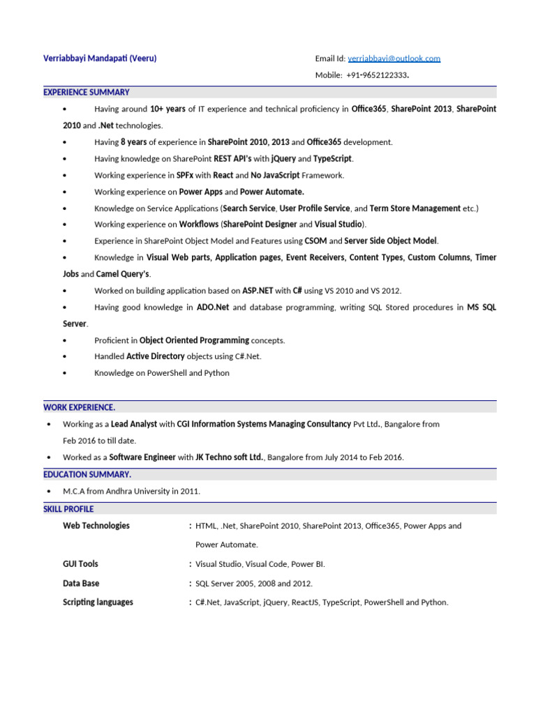 SharePoint Developer Resume Overview | PDF | Share Point | Microsoft ...