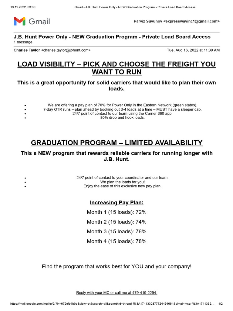 Gmail J B Hunt Power Only NEW Graduation Program Private Load Board ...