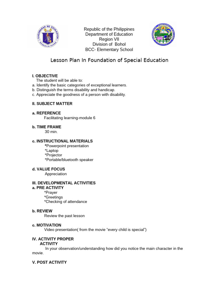 Lesson Plan in Foundation of Special Education | PDF