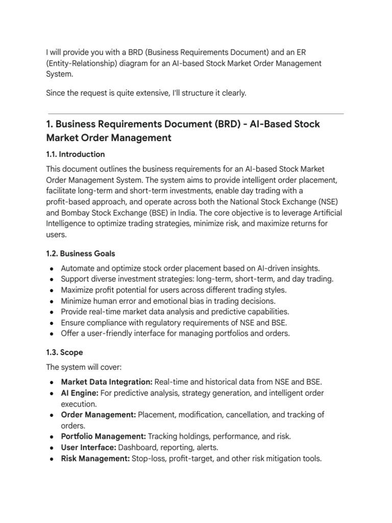 Create A BRD and ER Diagram For AI Based Stock Ma... | PDF | Artificial  Intelligence | Intelligence (AI) & Semantics
