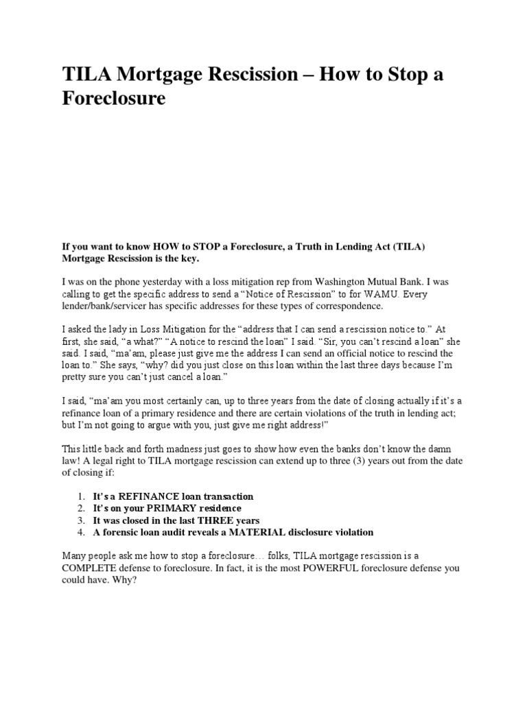 TILA Mortgage Rescission | Rescission | Foreclosure