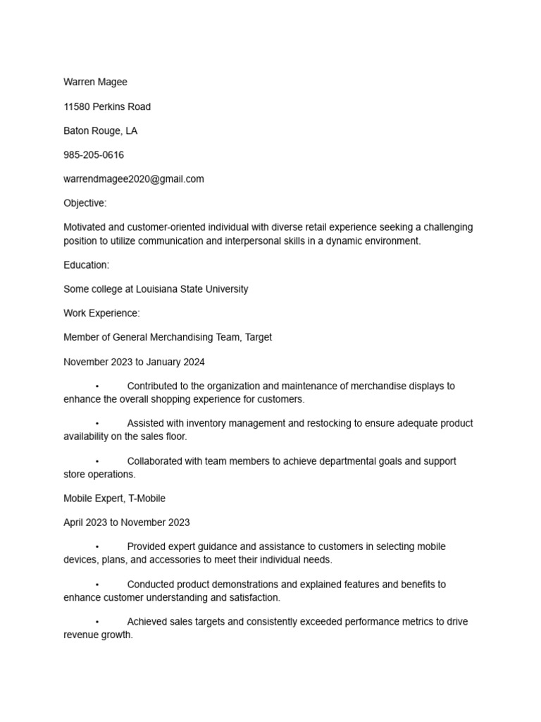 Retail Experience and Skills Summary | PDF