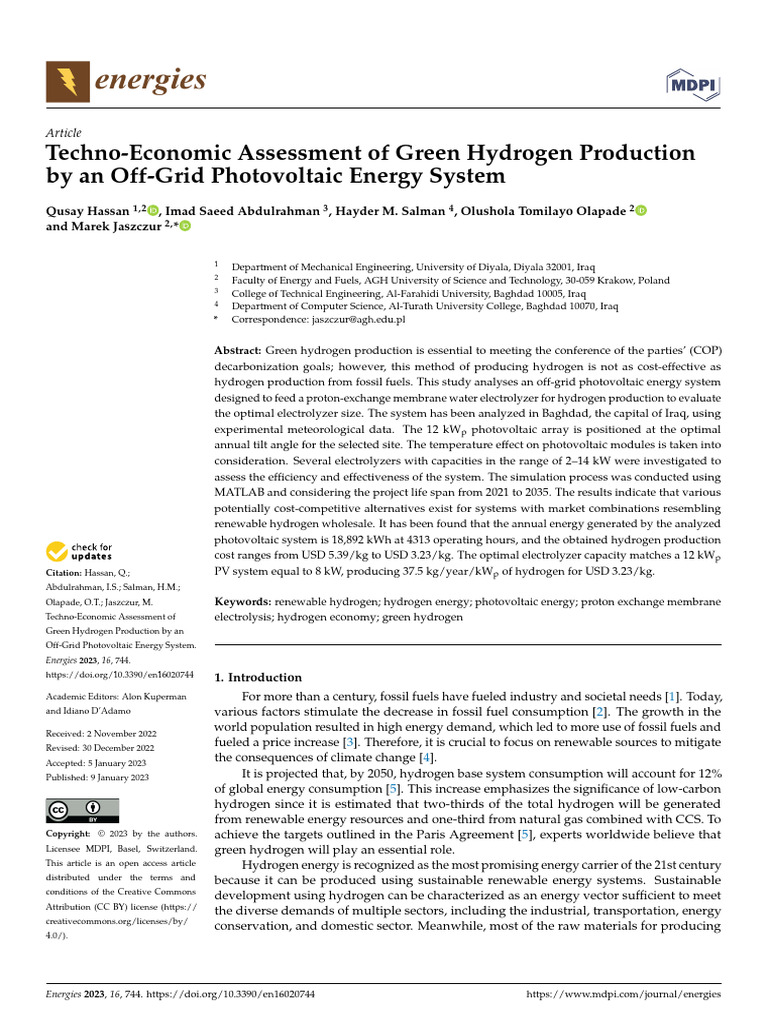 Techno-Economic Assessment of Green Hydrogen Production by An Off-Grid ...