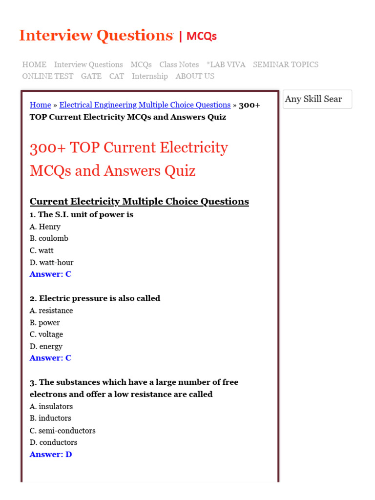 Current Electricity MCQs for Class 12 | PDF | Series And Parallel ...