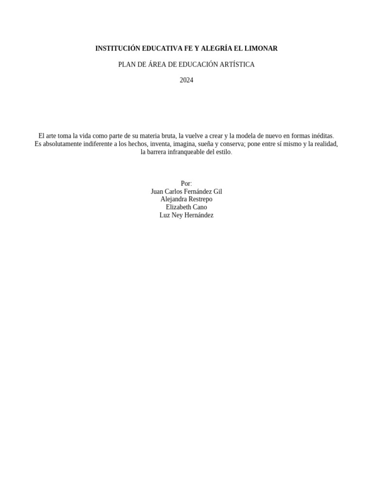 Plan de Educación Artística 2024 | PDF | Educación en artes visuales ...