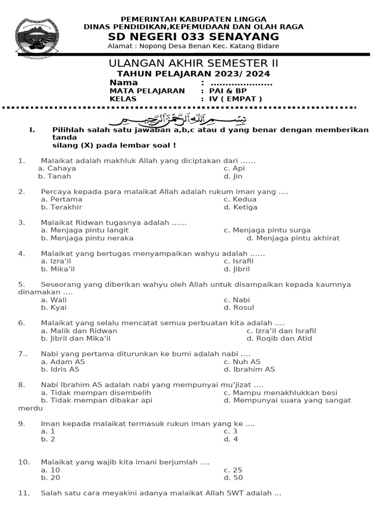 UAS PAI & BP Kelas IV SD Negeri 033 | PDF