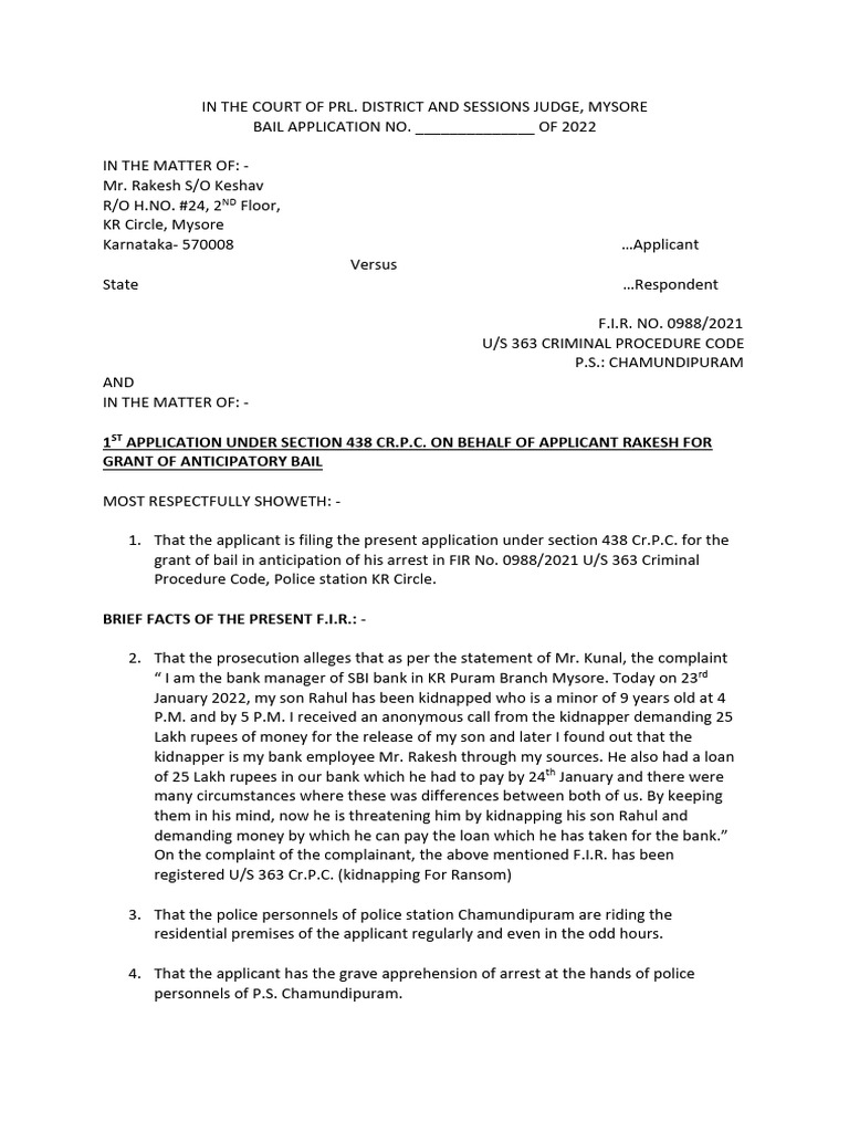 Anticipatory Bail Application (Drafted) | PDF | Bail | Criminal Law