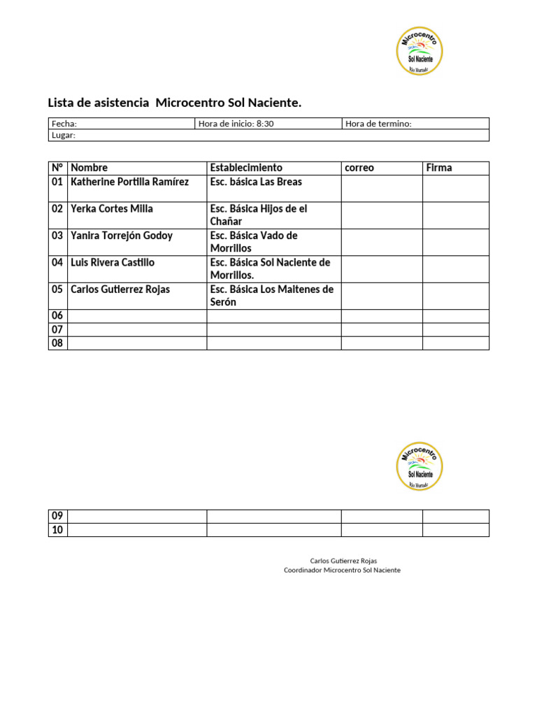 Lista de Asistencia Microcentro Sol Naciente | PDF