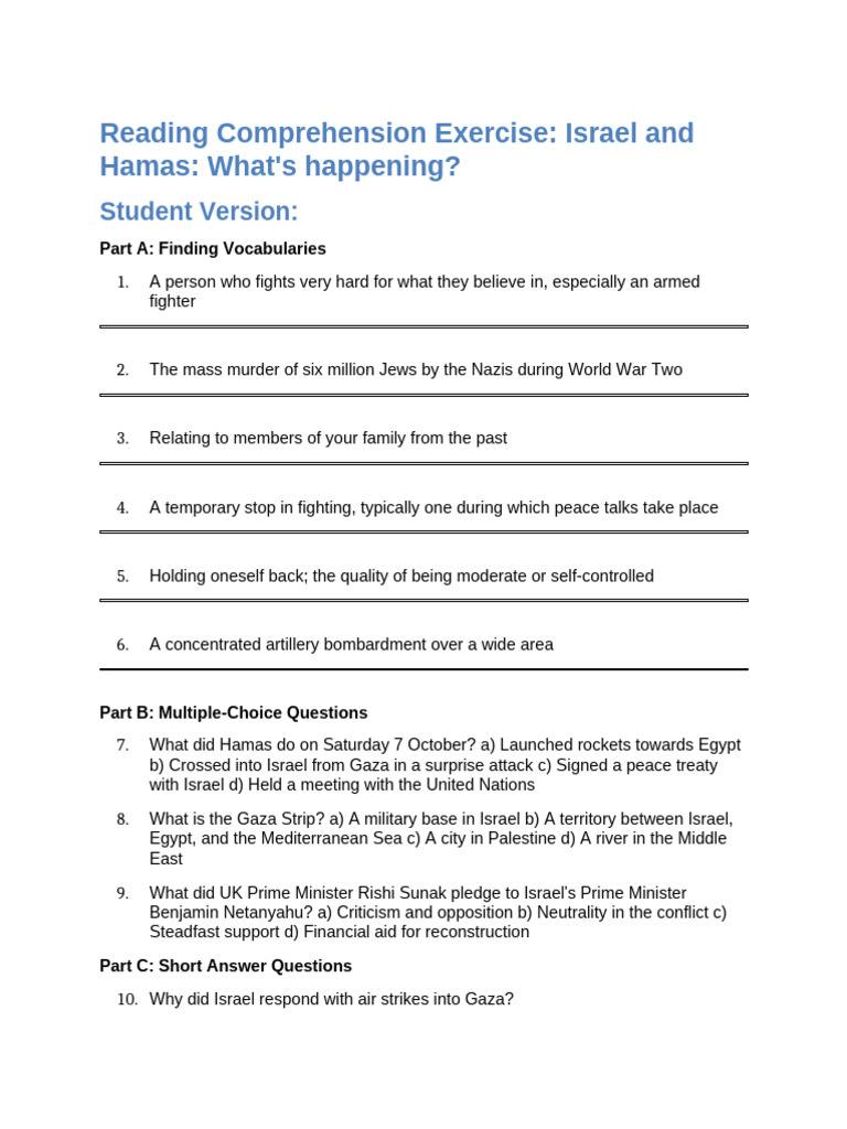 Israel-Hamas Conflict: Comprehension Exercise | PDF | Hamas | Israel