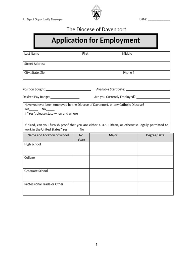 Diocese of Davenport Employment Application | PDF | Employment ...