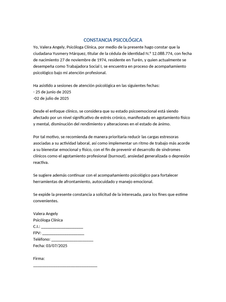Constancia Psicologica Yusmery Marquez Turen | PDF