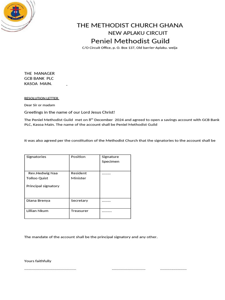 Bank Resolution for Peniel Guild Account | PDF