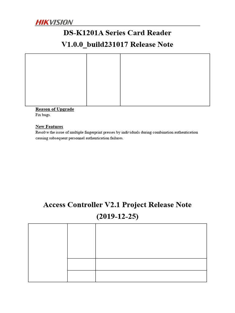 DS-K1201A Card Reader Release Notes | PDF | Computing | Computer Networking