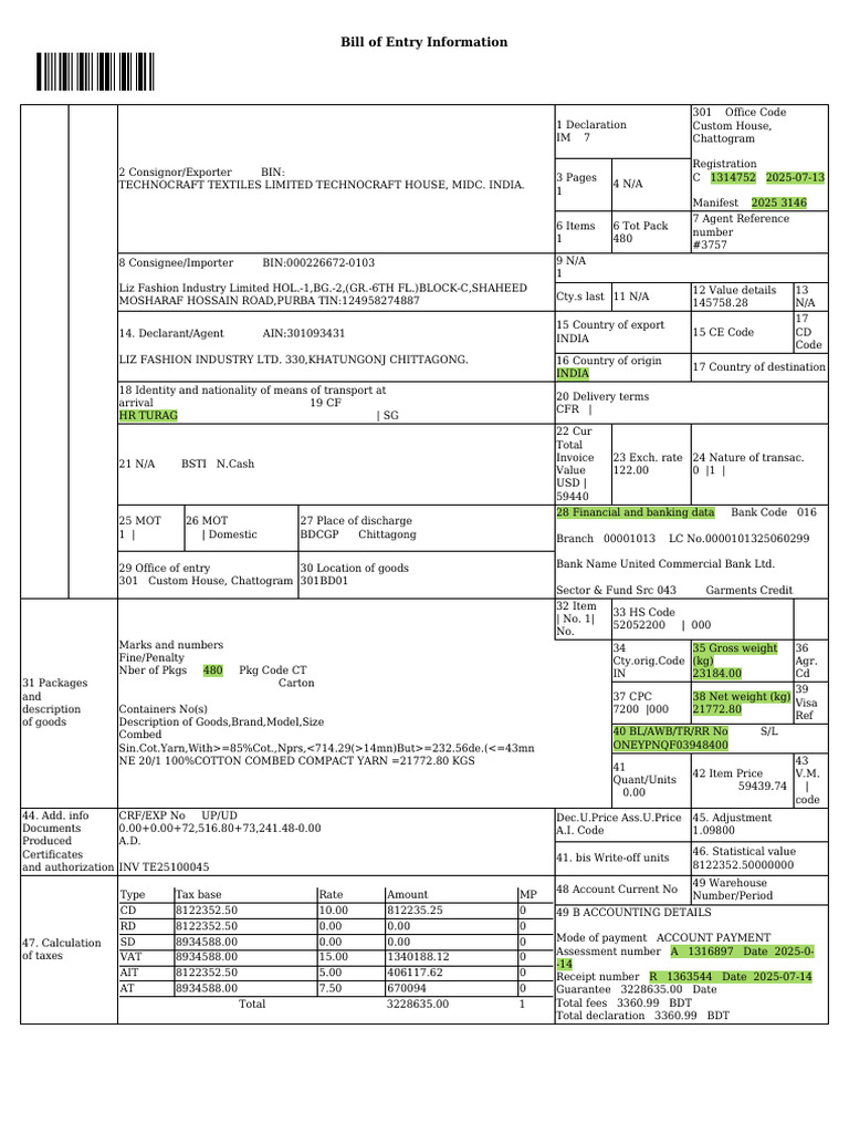 Liz Fashion Import Bill of Entry | PDF