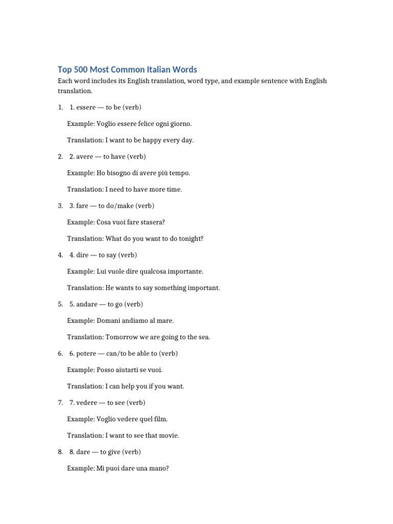 Top 500 Common Italian Words List | PDF