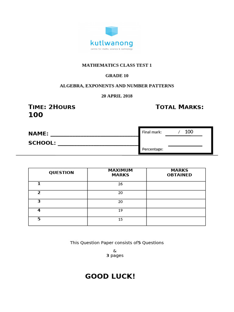 Grade 10 Algebra Test Paper | PDF | Numbers | Mathematics