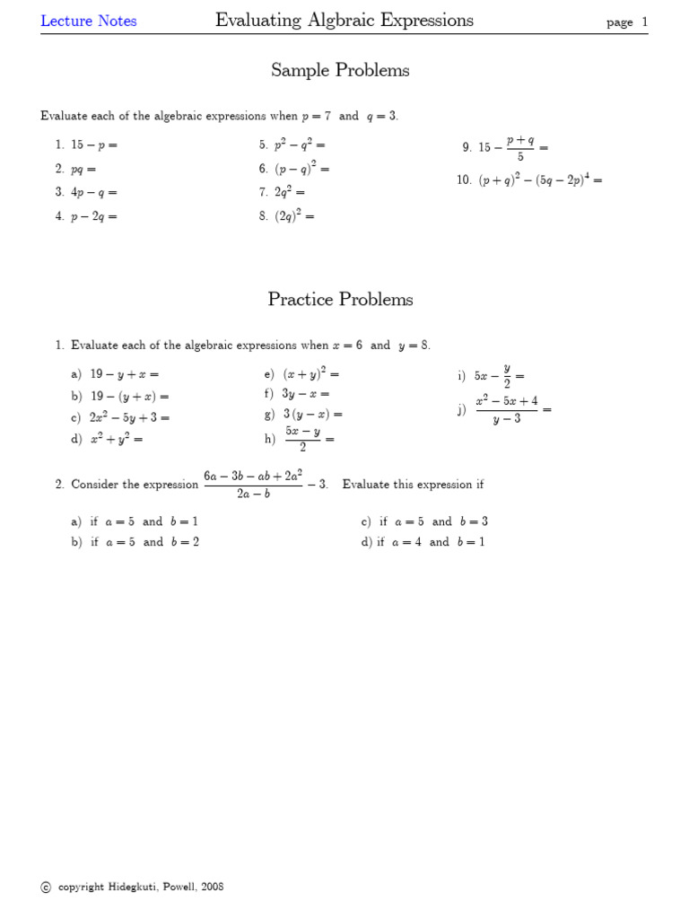 Evaluating Algebraic Expressions | PDF | Exponentiation | Algebra