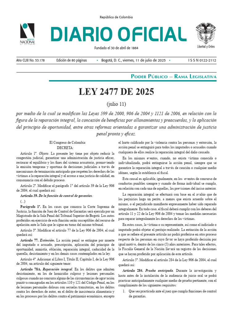 Ley 2477 de 2025: Reformas Judiciales | PDF | Fiscal | Adquisición ...