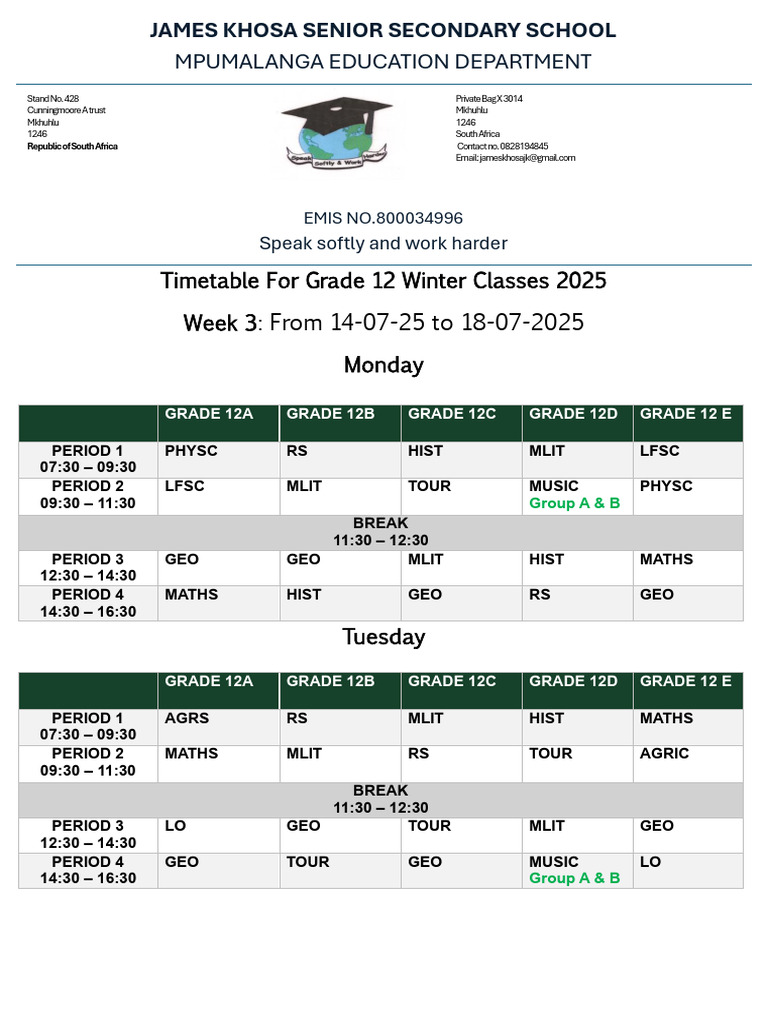 Grade 12 Winter Class Timetable 2025 | PDF
