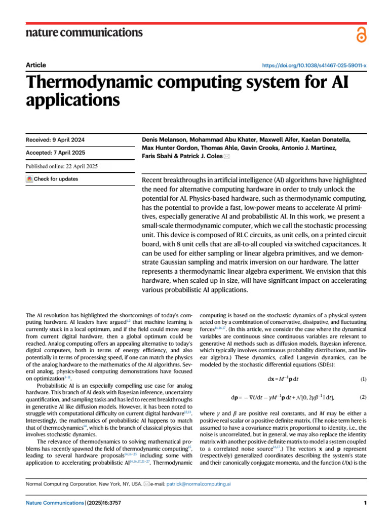 Thermodynamic Computing for AI Applications | PDF | Capacitor | Matrix ...