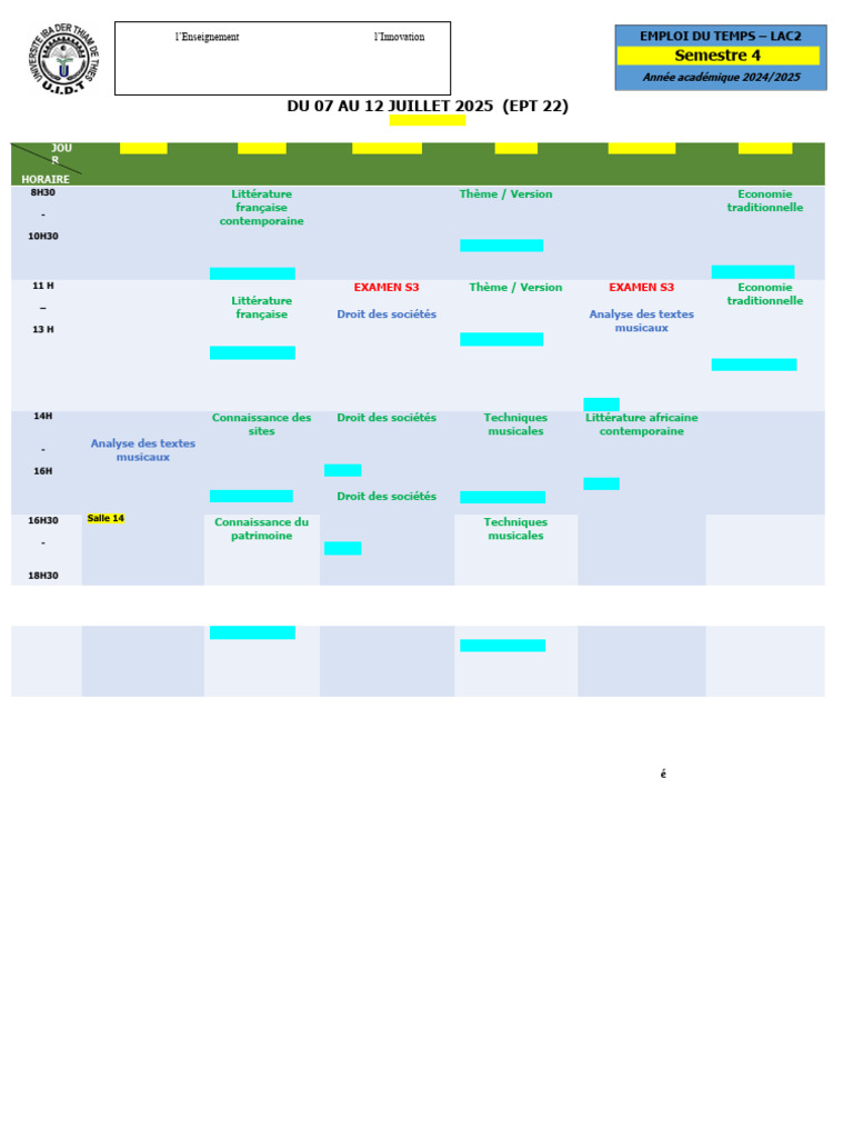 Emploi du temps LAC2 Semestre 4 2025 | PDF | Enseignement des Arts libéraux