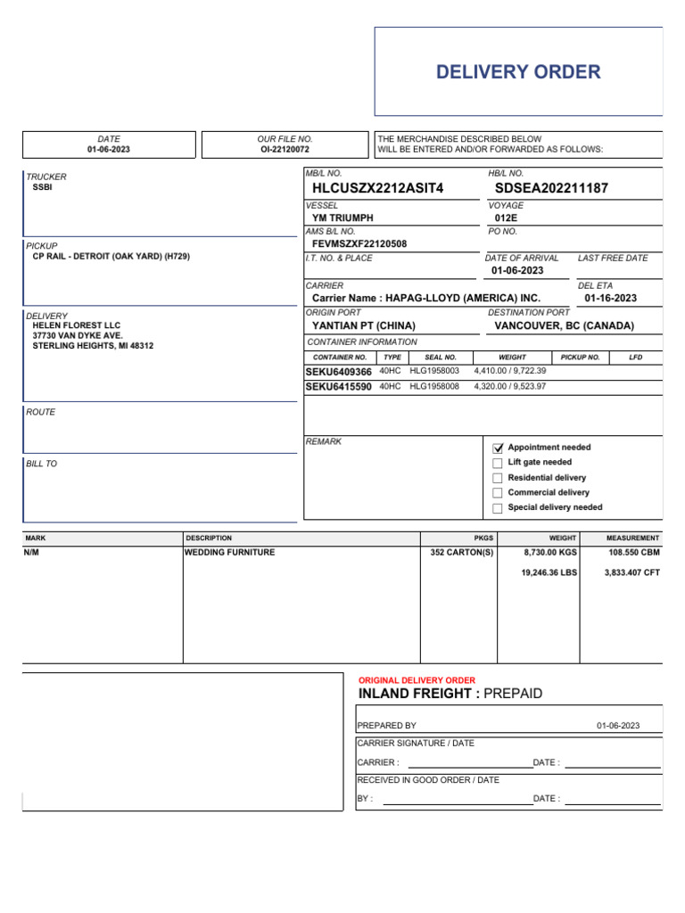 Hapag-Lloyd Delivery Order Details | PDF