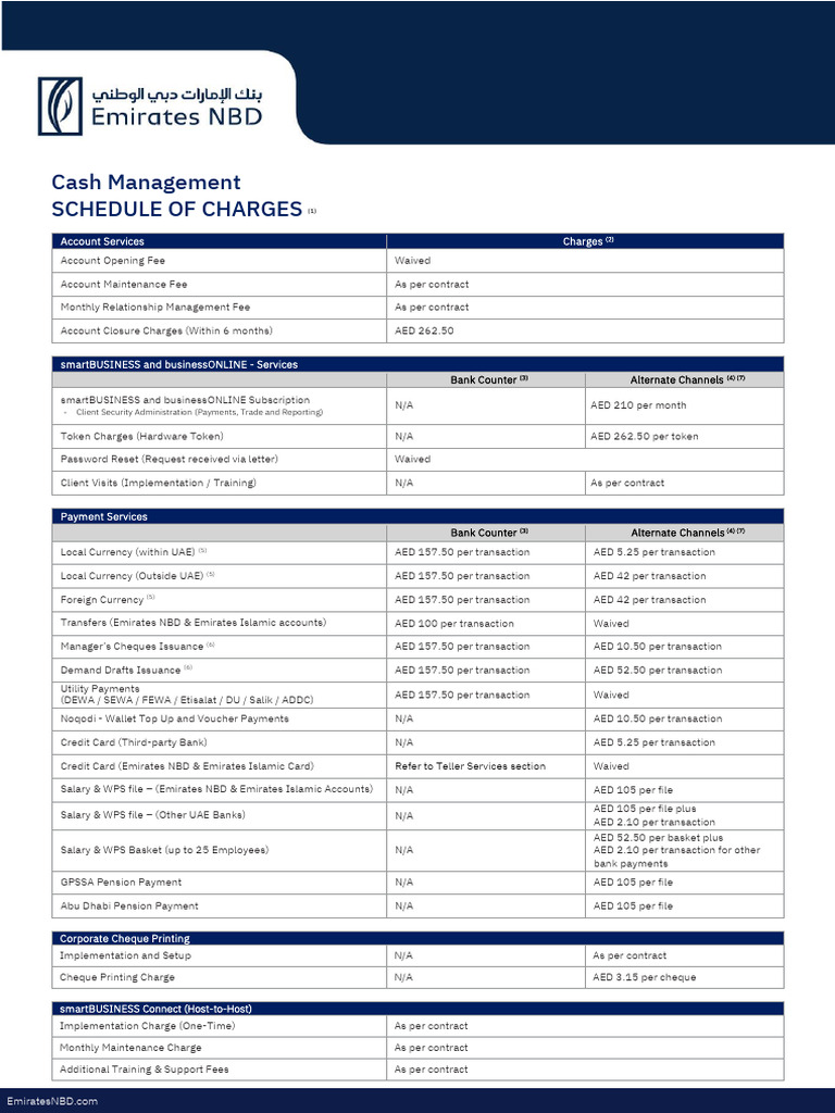 Emirates NBD Cash Management Charges | PDF | Cheque | Banks