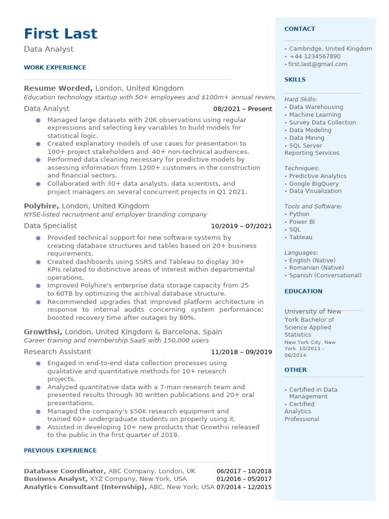 Data Analyst Resume for Tech Sector | PDF | Data Analysis | Data
