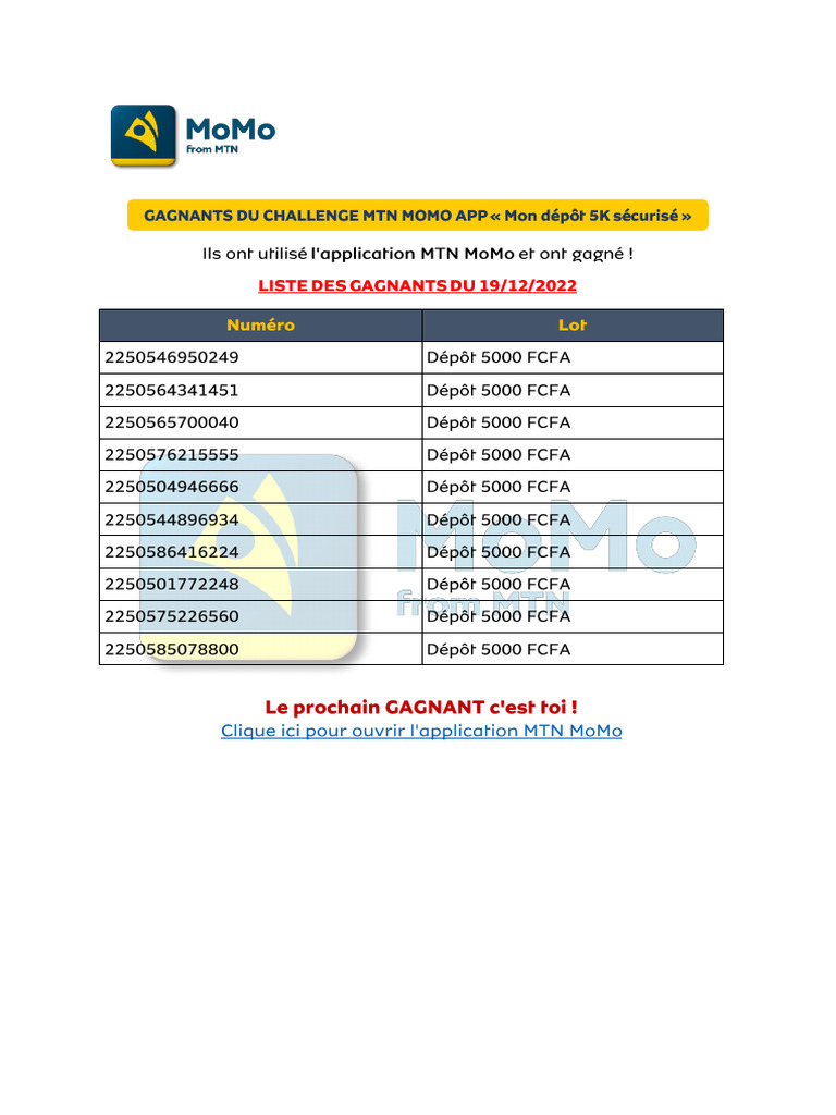 Gagnants Challenge MoMo App 19122022 | PDF