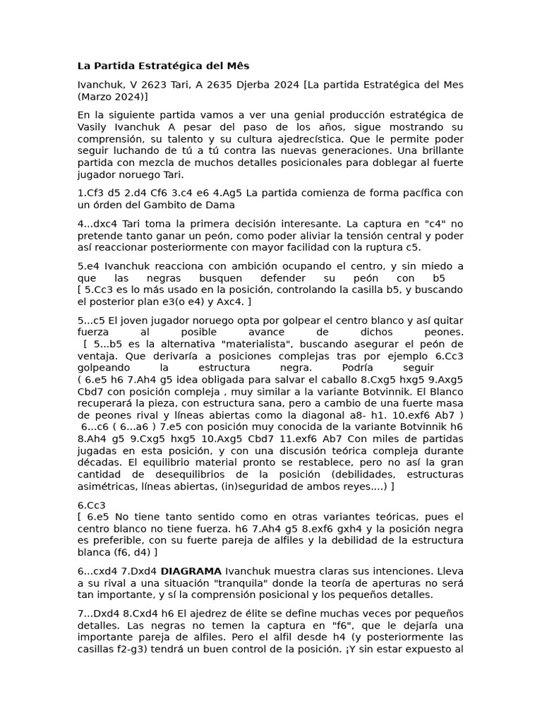 Análisis de la Partida Ivanchuk-Tari 2024 | PDF | Aperturas de ajedrez ...