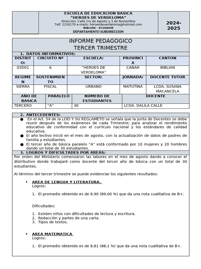 Informe Pedagógico Tercer Trimestre 2024 | PDF | Sicología | Aprendizaje