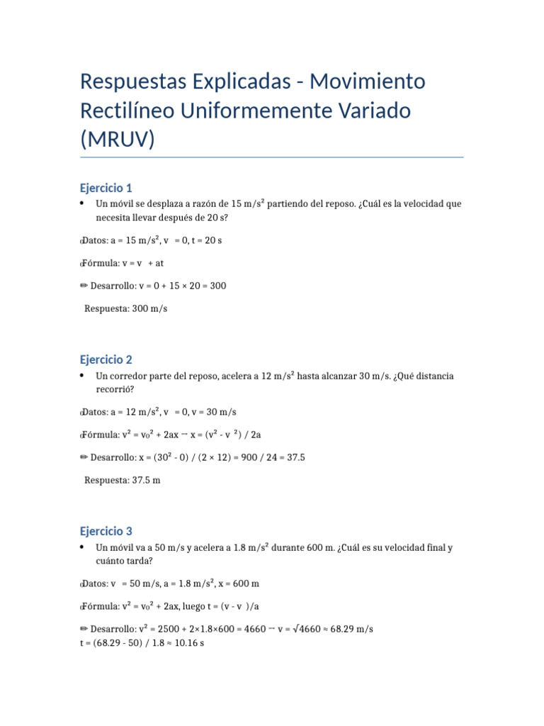 Ejercicios de MRUV Resueltos y Explicados | PDF | Cinemática | Mecanica ...