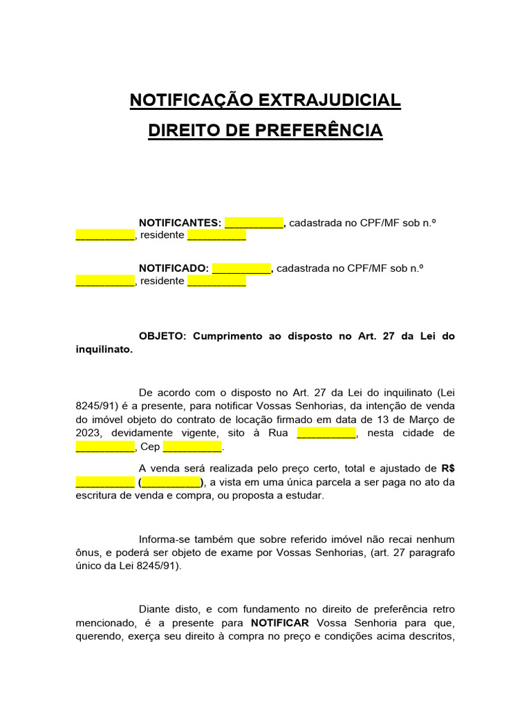 Notifica o De Direito De Prefer ncia PDF