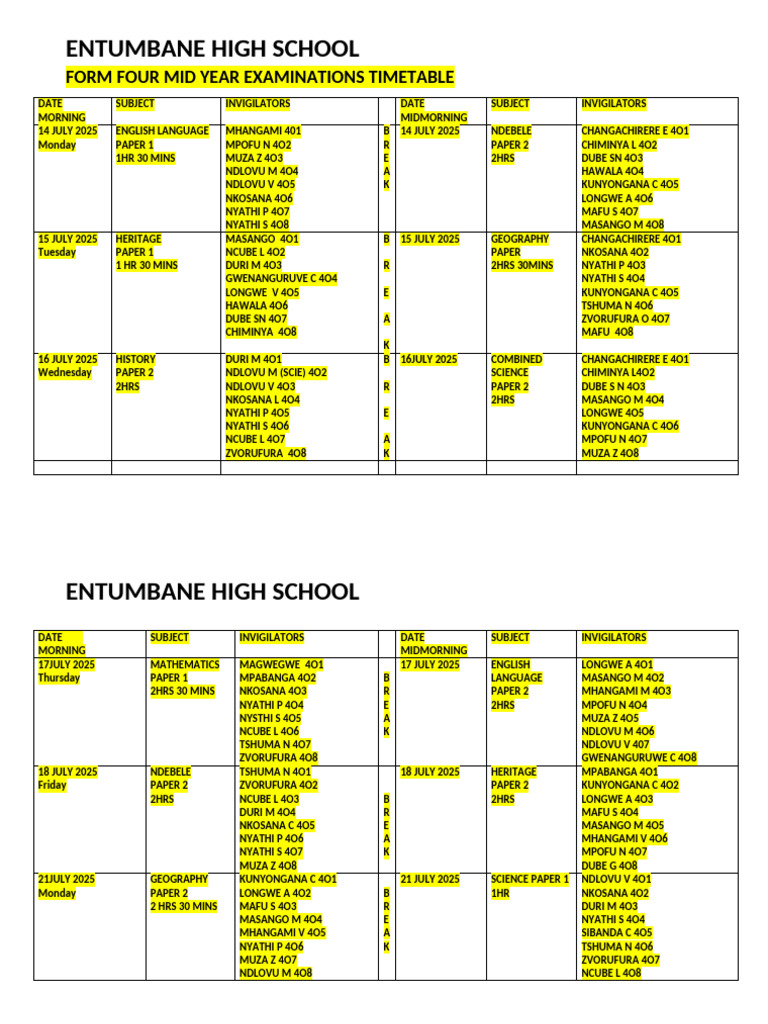 Entumbane High School Exam Timetable 2025 | PDF | Science