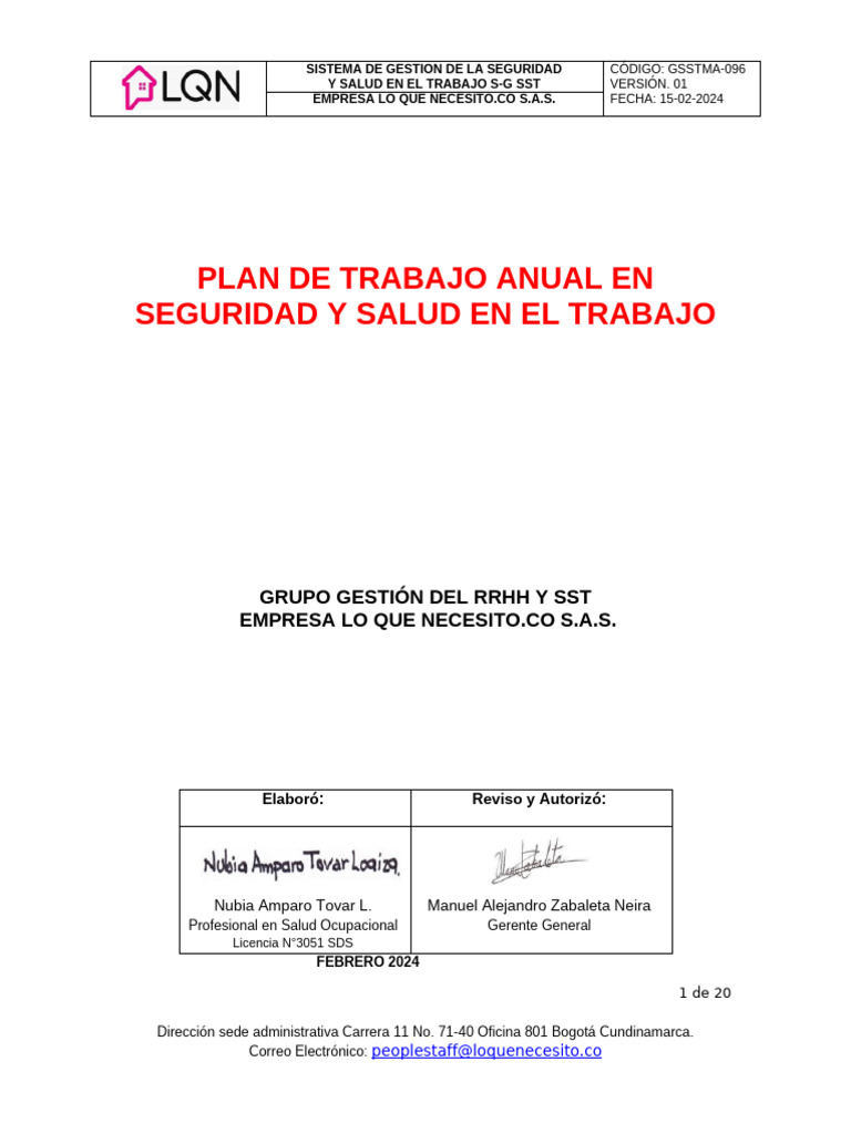 Plan Anual de SST 2024 en LO QUE NECESITO.CO | PDF | Seguridad y salud ...