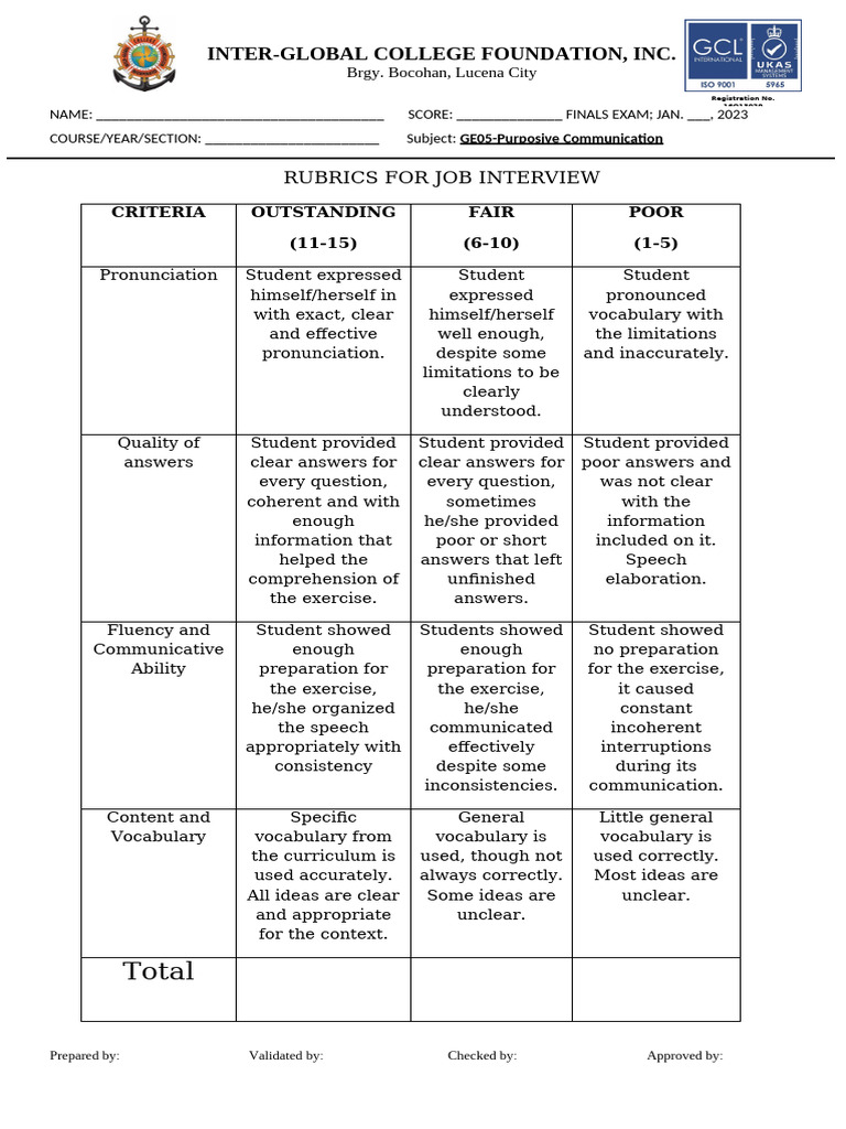 Job Interview Rubrics for GE05 Exam | PDF | Linguistics | Human ...