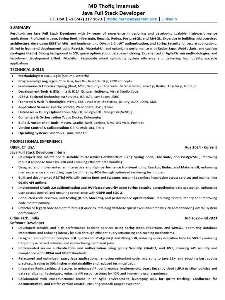 Java Full Stack Developer Resume | PDF | Databases | Postgre Sql
