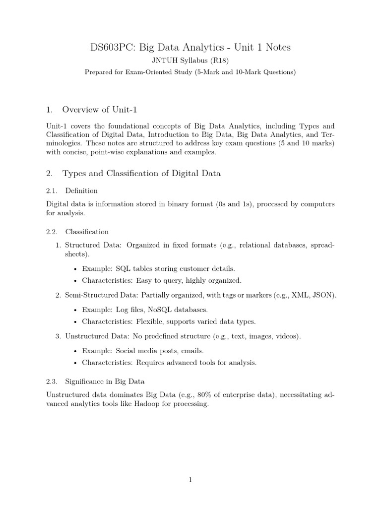 Big Data Analytics Unit 1 Overview | PDF | Big Data | Analytics