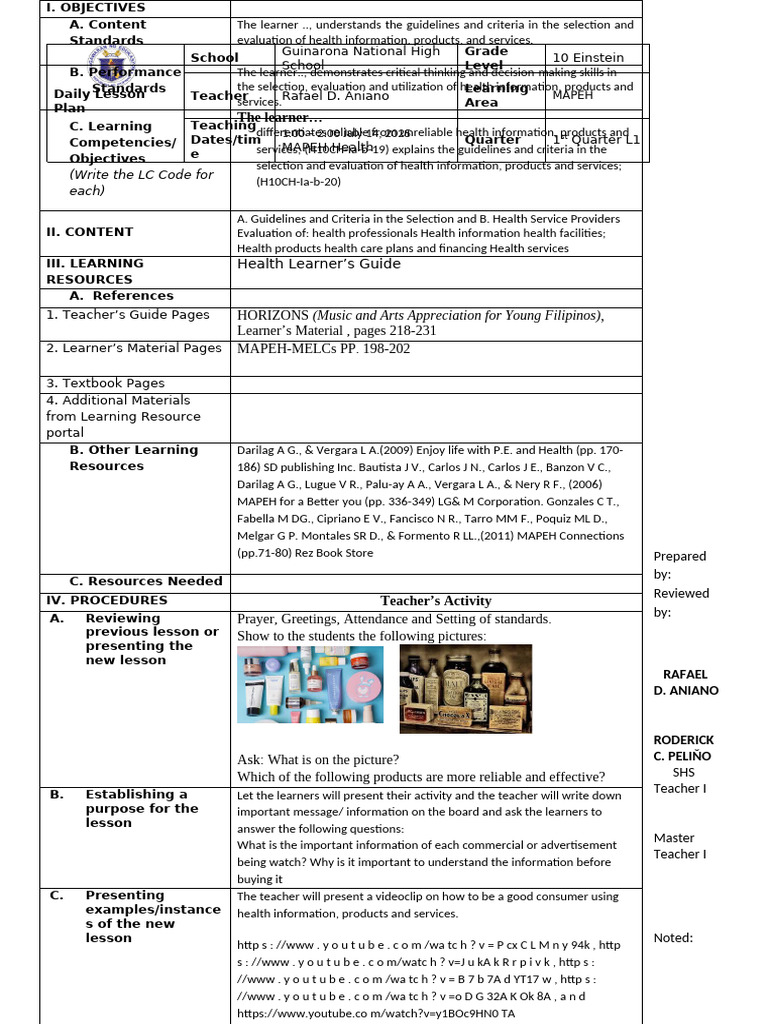 Grade 10 MAPEH Health Lesson Plan | PDF | Cognition | Learning